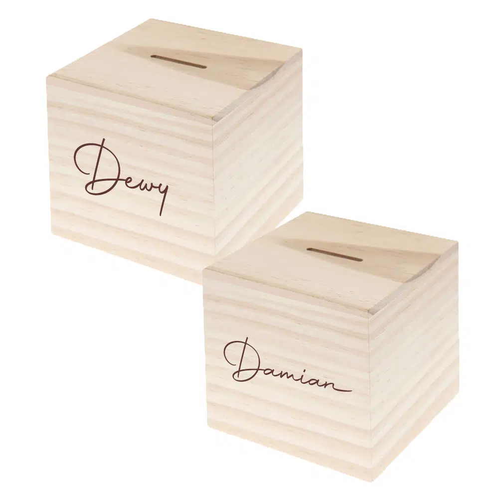 Houten spaarpot met naam